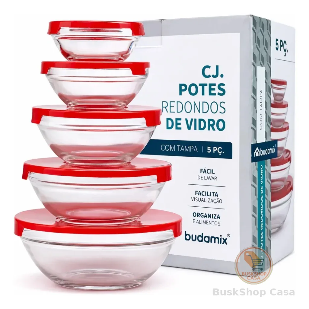Kit 5 Potes de Vidro Redondos Translúcidos – Armazenamento Essencial para Mantimentos e Marmitas