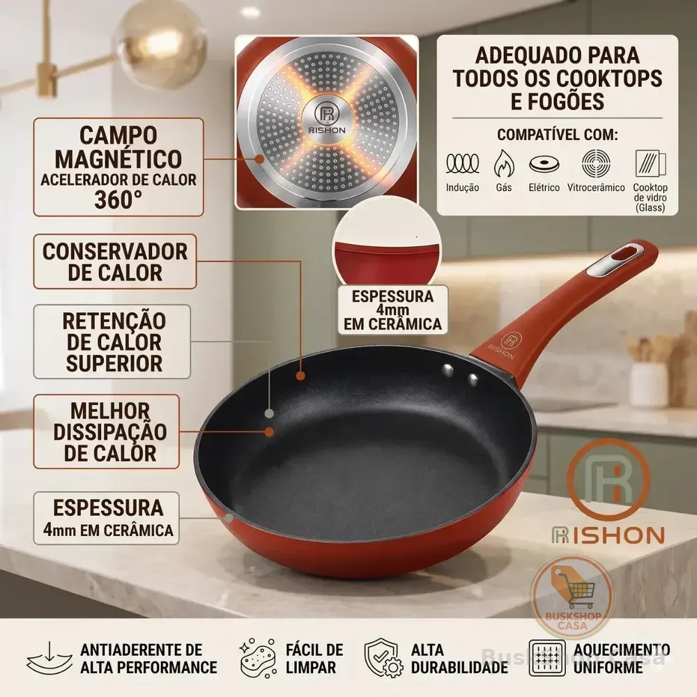 Frigideira Cerâmica 24cm Antiaderente Grande Fogão A Gás Indução Cooktop Elétrico Panela Frita Sem Óleo Não Gruda Rishon Vermelha