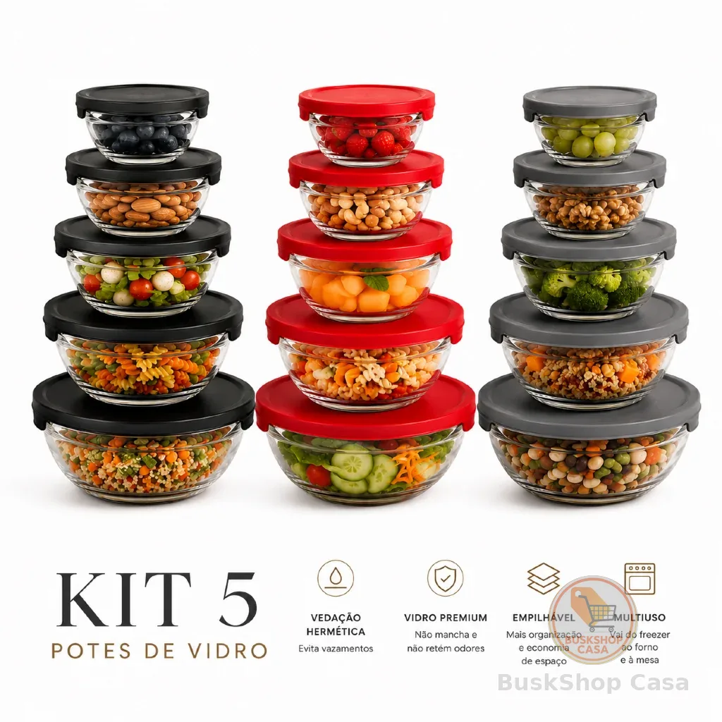 Conjunto Tigela Vidro Bowl Marmita Tampa 5 Peças Herméticos Cozinha Refeições