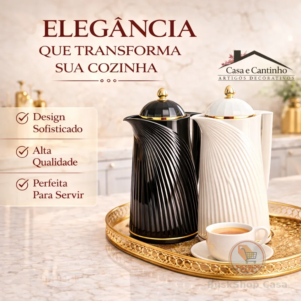 Garrafa Térmica Luxo 1L com Tampa Dourada | Café Chá Design Decorativo Elegante Mesa Posta