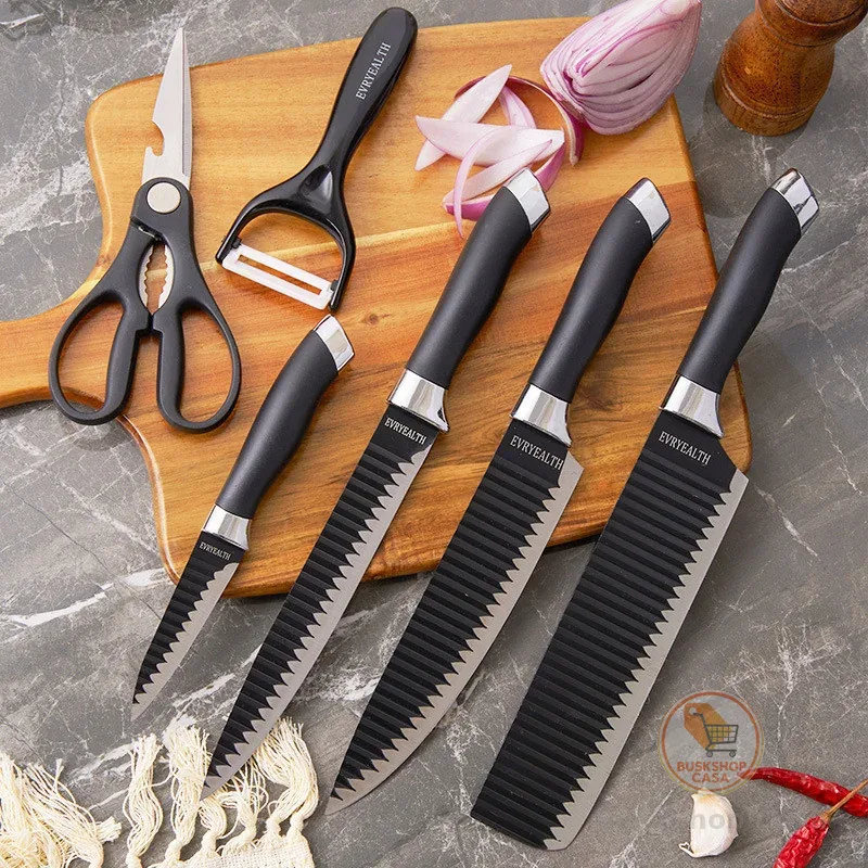 Kit de Conjunto Facas Coloridas/Pretos Tesoura Descascador Cozinha Gourmet 6 Peças