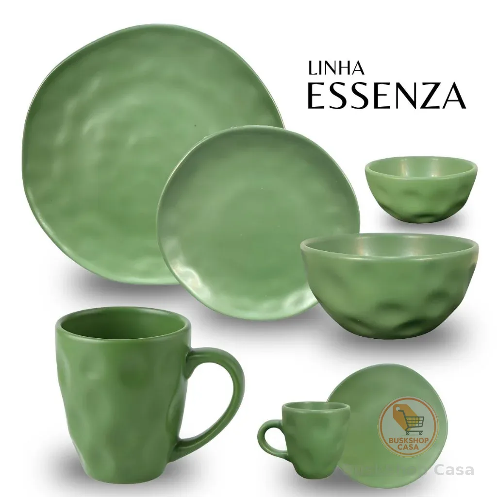 Aparelho de Jantar Linha Essenza Verde Orgânica 8 a 28 Peças | Prato Tigela Caneca Cerâmica Premium