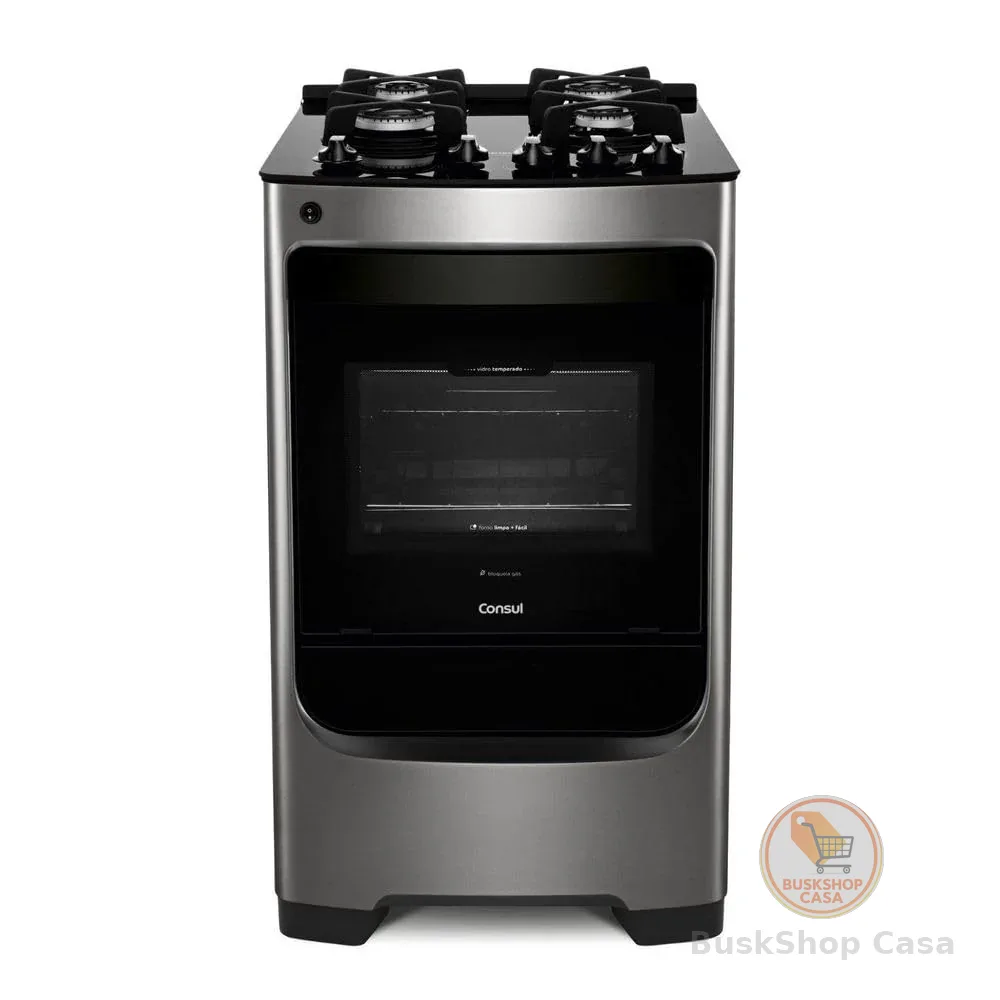 Fogão Consul 4 bocas cor Inox com mesa de vidro e grade de ferro fundido - CFO4VAR BIVOLT