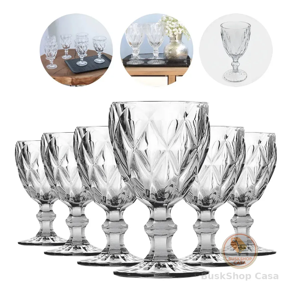 Jogo 6 Taças Diamond 340ML  Vidro Transparente com Borda Dourada