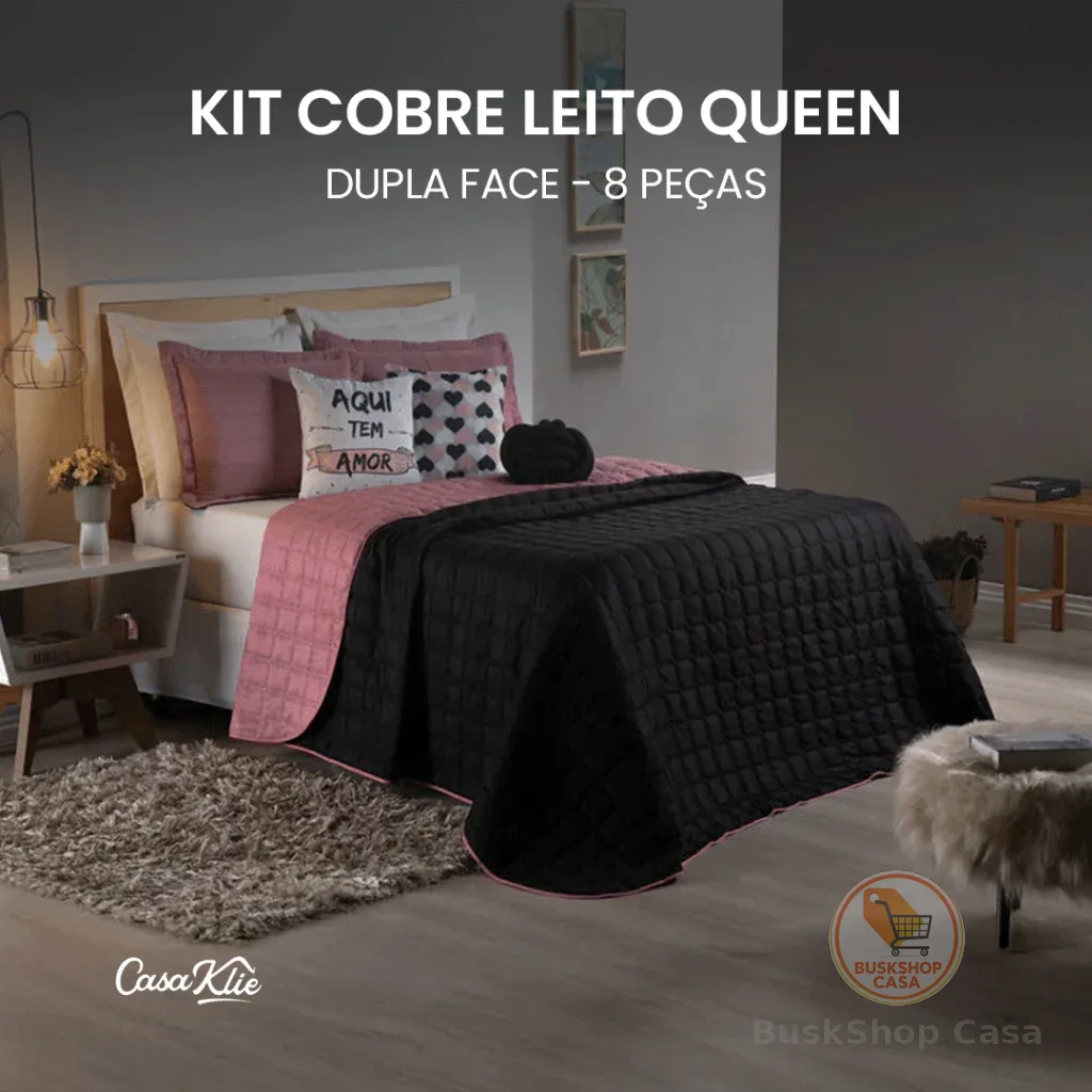 Kit Cobre Leito Paris Colcha Dupla Face 08 Peças Casal Queen Preto com Rose