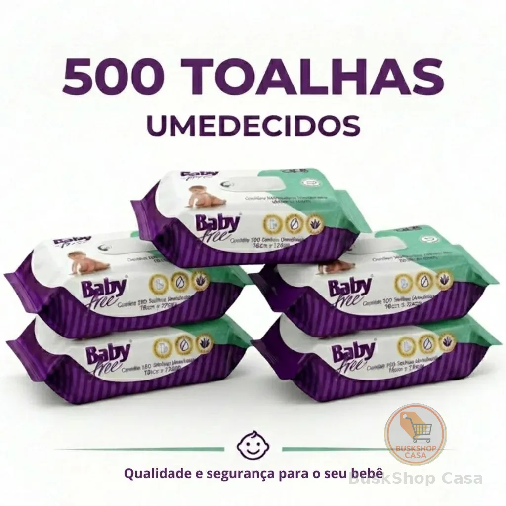 KIT COM 5 PACOTES TOALHAS UMEDECIDAS/LENÇOS BABY FREE C/100-(sem tampa flip-top)