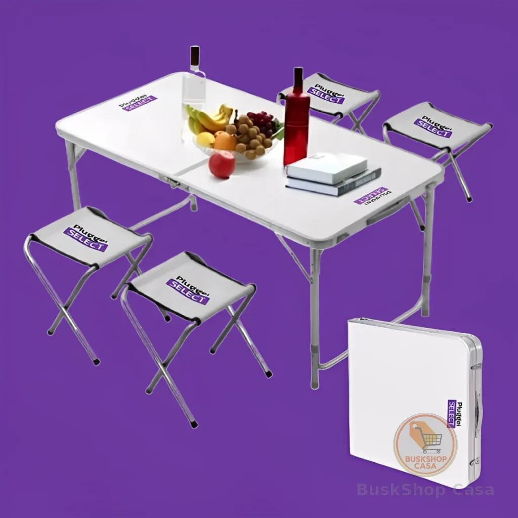 Mesa Dobrável Portátil Vira Maleta Camping Praia 120x60cm com 4 Banquinhos Dobráveis Branco