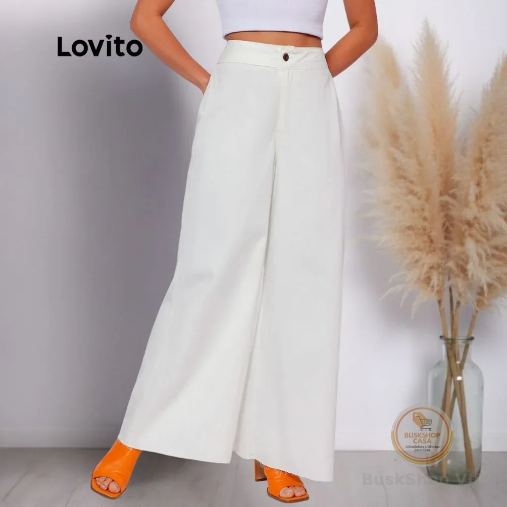 Lovito Calça Jeans Off White Pantalona Cintura Alta Casual Lisa Feminina PTB723BRL753
