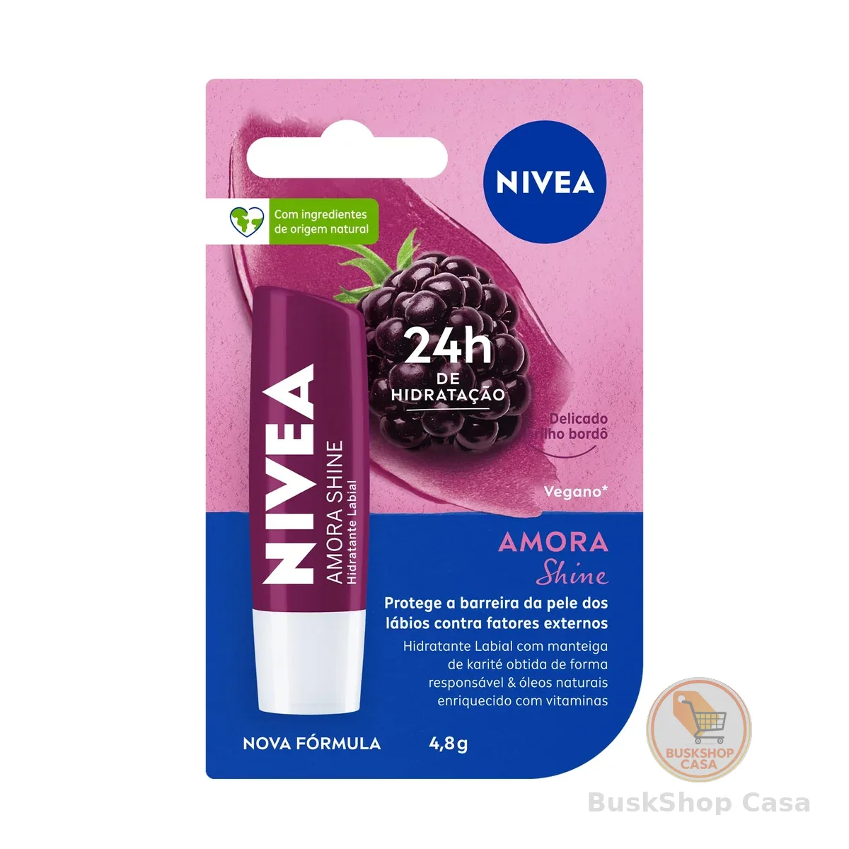 NIVEA Hidratante Labial Amora Shine 4,8g, Hidratação Intensa 24h, Cor Suave, Brilho Delicado, Cuidado Diário, Manteiga de Karité