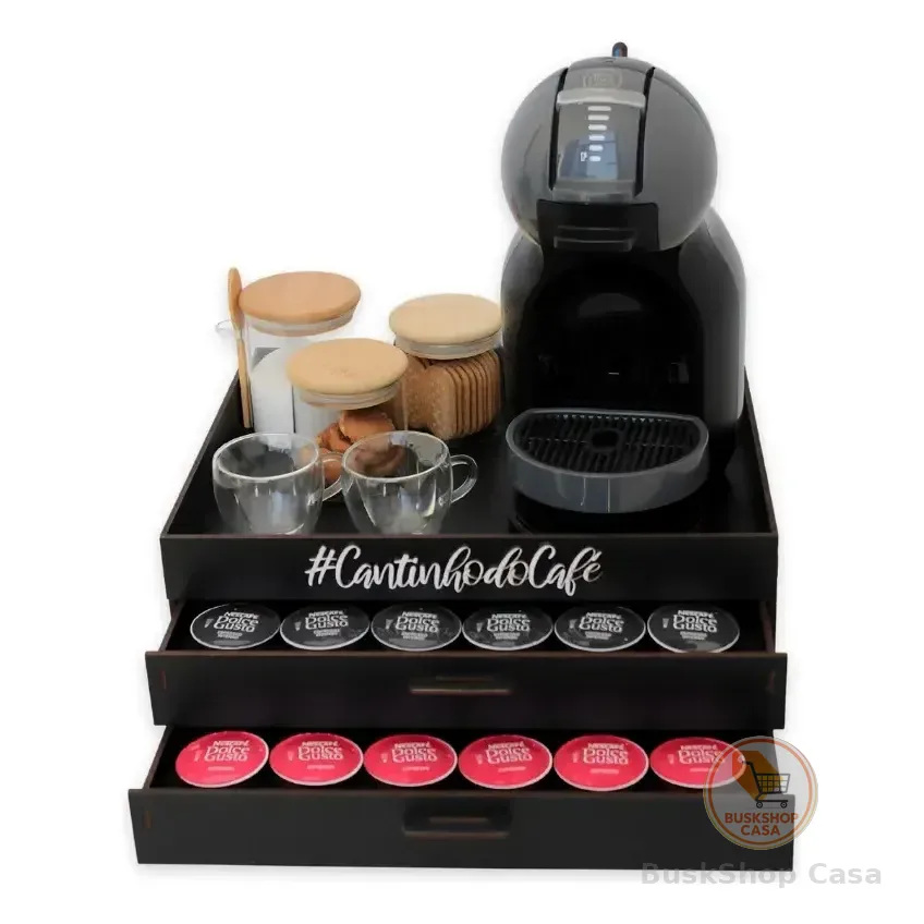 Bandeja Comoda 2 Gavetas Porta Cápsula Café Dolcegusto Preta Preto