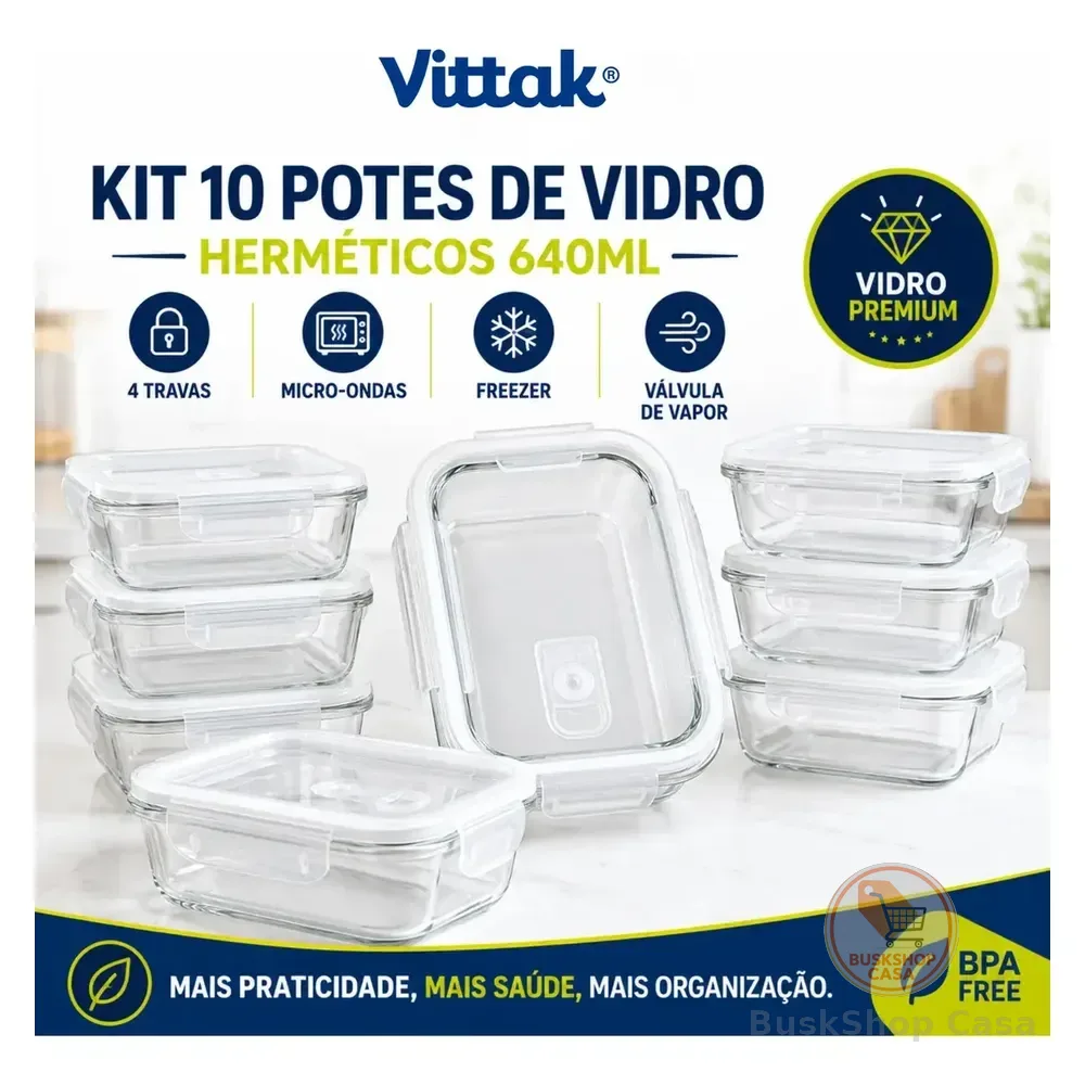 Vittak Kit 10 Potes Vidro Hermético Com 4 Travas Marmita Microondas Freezer Transparente 640ml