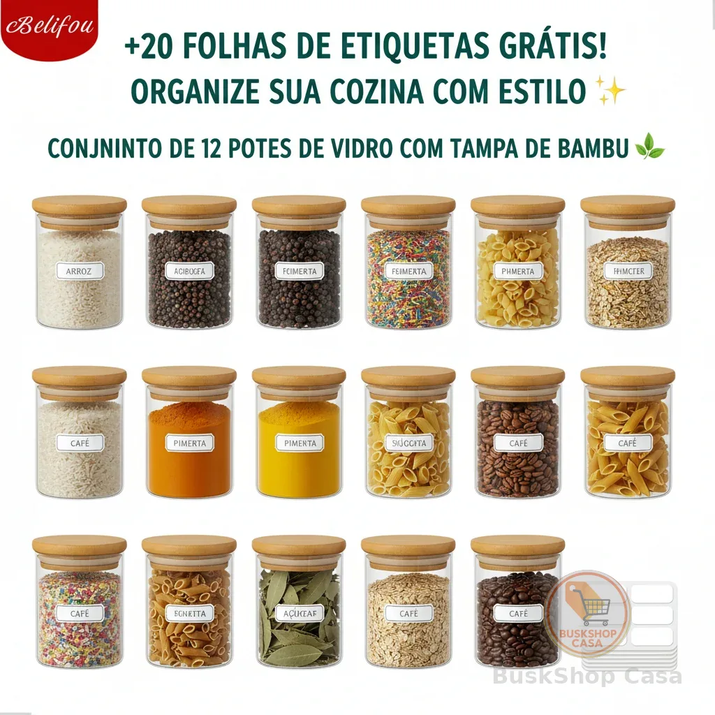 Belifou Kit 6 Pote hermético  200ML Pote De Vidro com Tampa bambu pote de mantimentos para cozinha