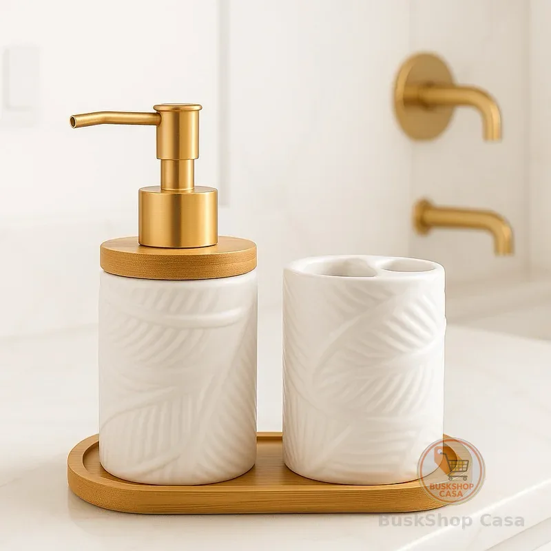 Kit Banheiro Lavabo Porta Sabonete Liquido Dispenser Porta Escova de Dente Cerâmica Luxo