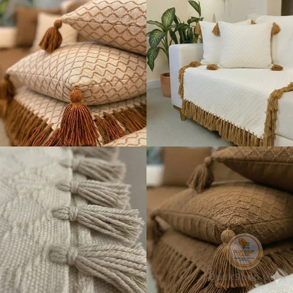 Manta Decorativa para Sofá em Algodão Artesanal Estilo Macramê com Franja 1,75x1,85m | Opção Kit