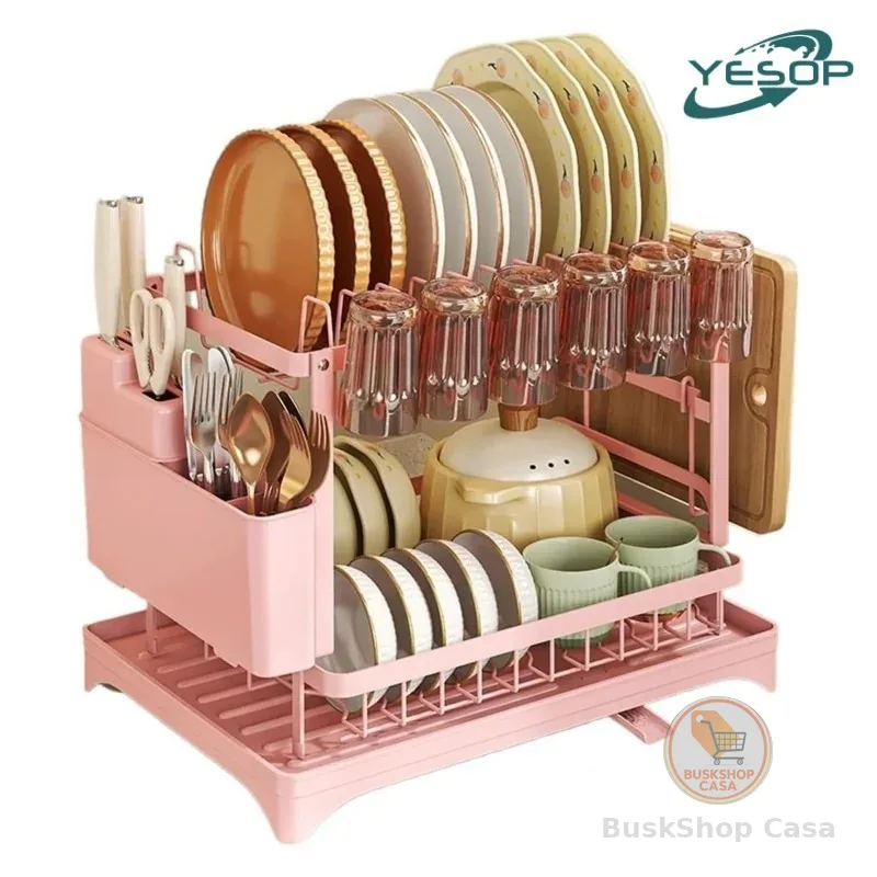 YESOP Escorredor De Louças Rosa 2 Andares Aço Carbono Com Dreno 360° E Porta Copos Pratos Premium