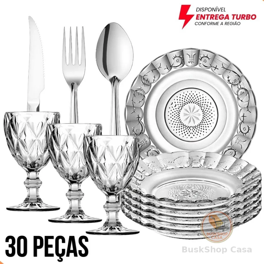 Jogo Mesa Posta 30 Peças 6 Pratos  + 6 Taças 340ml + 18 Talheres Inox Luxo Elegante Mesa Posta Completa