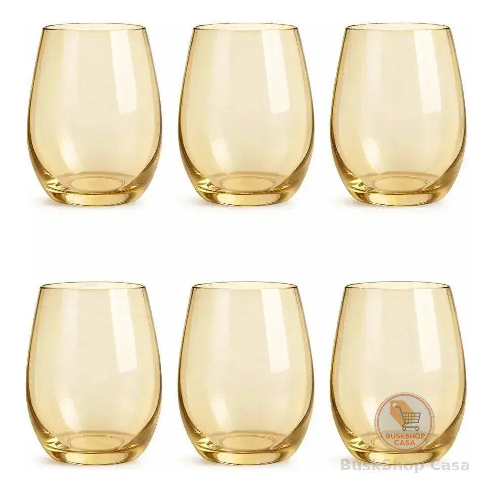 Jogo 6 Copos De Vidro Ambar Dourado 475ml Suco Água Drink Resistente Seneb