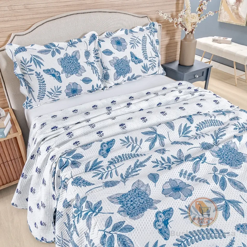 Kit Cobre Leito Colcha King Bouti 3 Peças Dupla Face Estampada Porta Travesseiro Aba Americana
