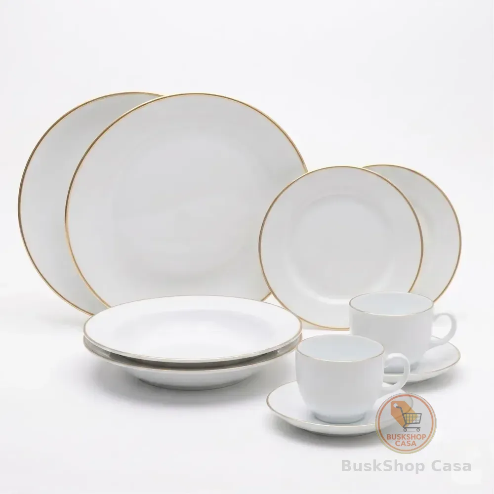 Jogo De Jantar Completo 30 Peças Branco Dourado Branco Borda Dourada