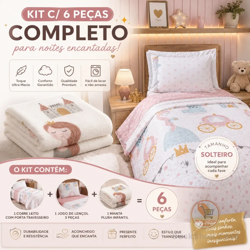 Kit 6 Peças Cobre Leito Infantil + Roupa de Cama Solteiro 3pçs + Manta Flannel kids Bailarina