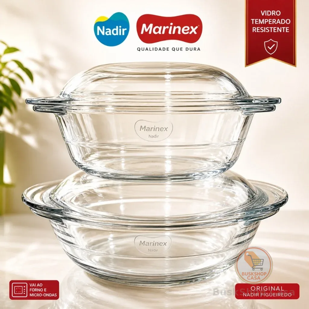 Kit 2 Travessas Marinex Vidro Temperado com Tampa Assadeira Refratário Redonda Forno 2,3L e 2,8L