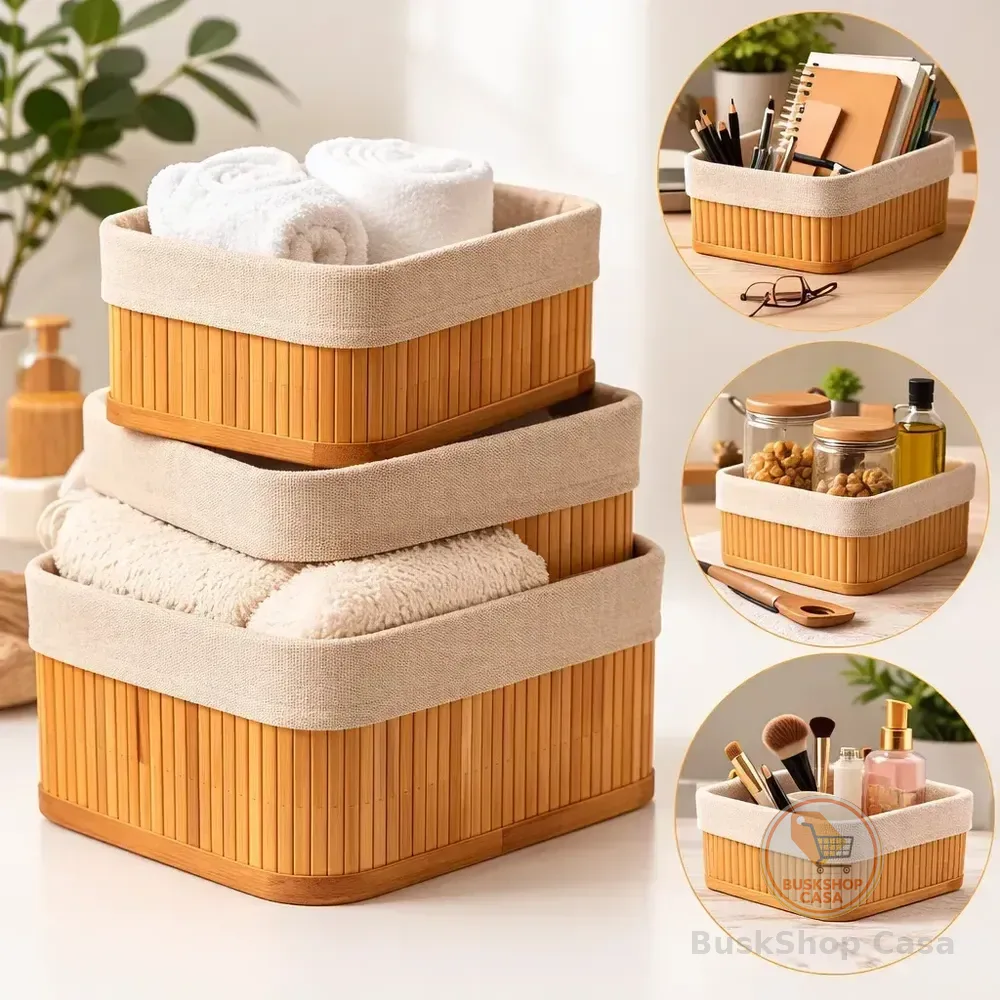 Kit 3 Cestos Domésticos Organizadores De Bambu Multiuso Com Forro Cestos Bambu Forro Lavável Retangular Armazenar Objetos Organizadores Retangulares Multiuso Casa - Nany Pink