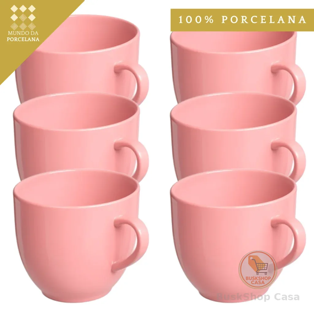 Jogo 6 Xicara Café Chá Porcelana Rosa 170ml - Mundo da Porcelana