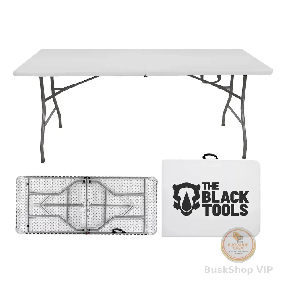 Mesa Dobrável Vira Maleta Com Alça Portátil 1.80m Para Camping Pesca Jardim Área Externa Tft1800 The Black Tools Branco