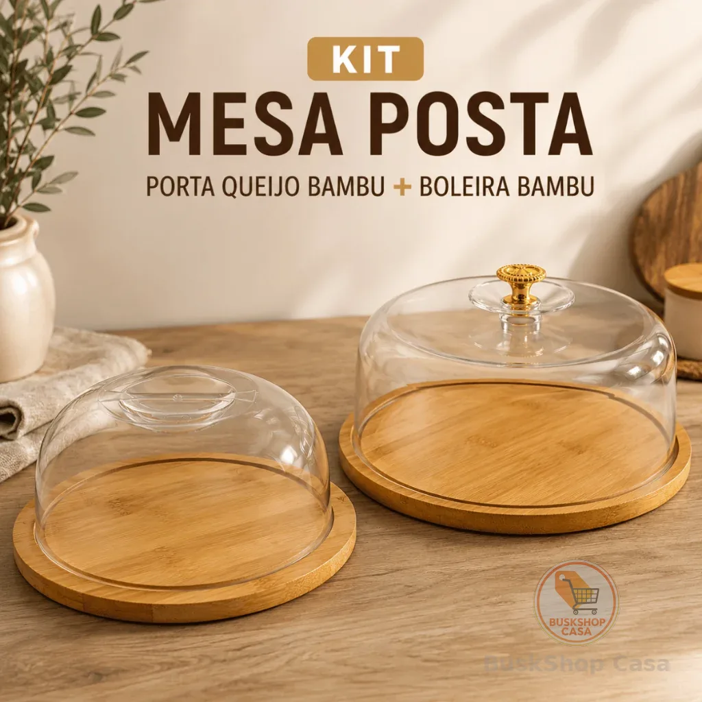 Kit Café da Manhã Mesa Posta Queijeira Porta Queijo Bambu 19cm + Boleira 100% bambu 28cm