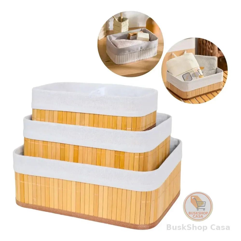 Kit 3 Cestos Organizador De Bambu Multiuso Com Forro