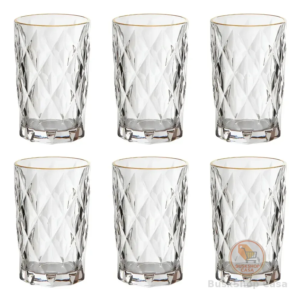 Jogo 6 Copos Altos Vidro 350ml Diamond Clear Borda Dourada Ke Home