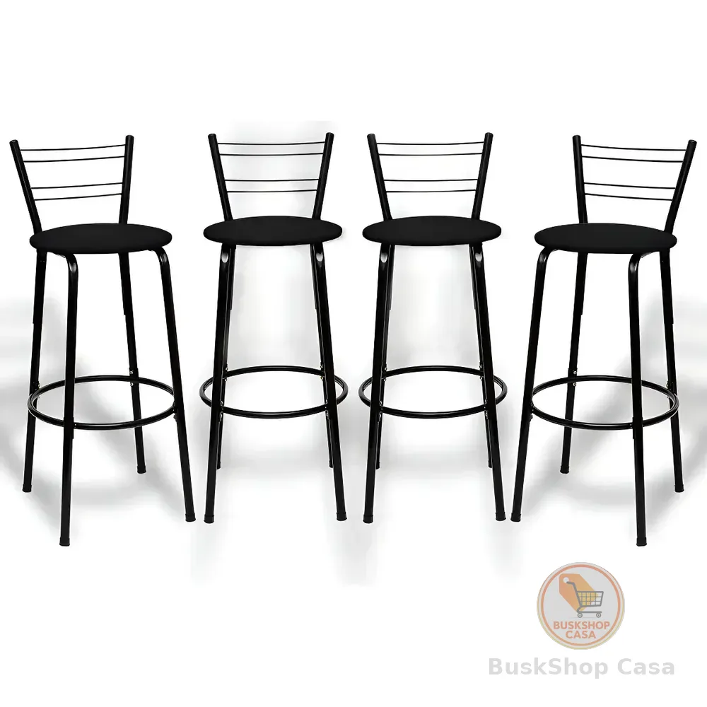 Kit 4 Banquetas Itagold Florida Top Alta Cozinha Americana Bar Balcão Alto Estrutura Preta Atlanta Cor Assento Preto 90cm