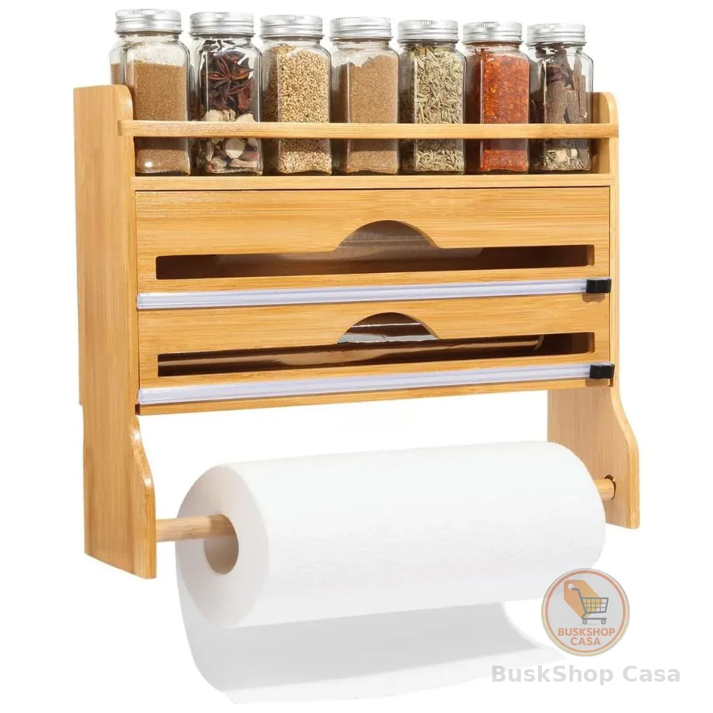 Suporte Organizador Porta Rolo Duplo Bambu Papel Toalha Aluminio Tempero Filme PVC Plastico Cortador