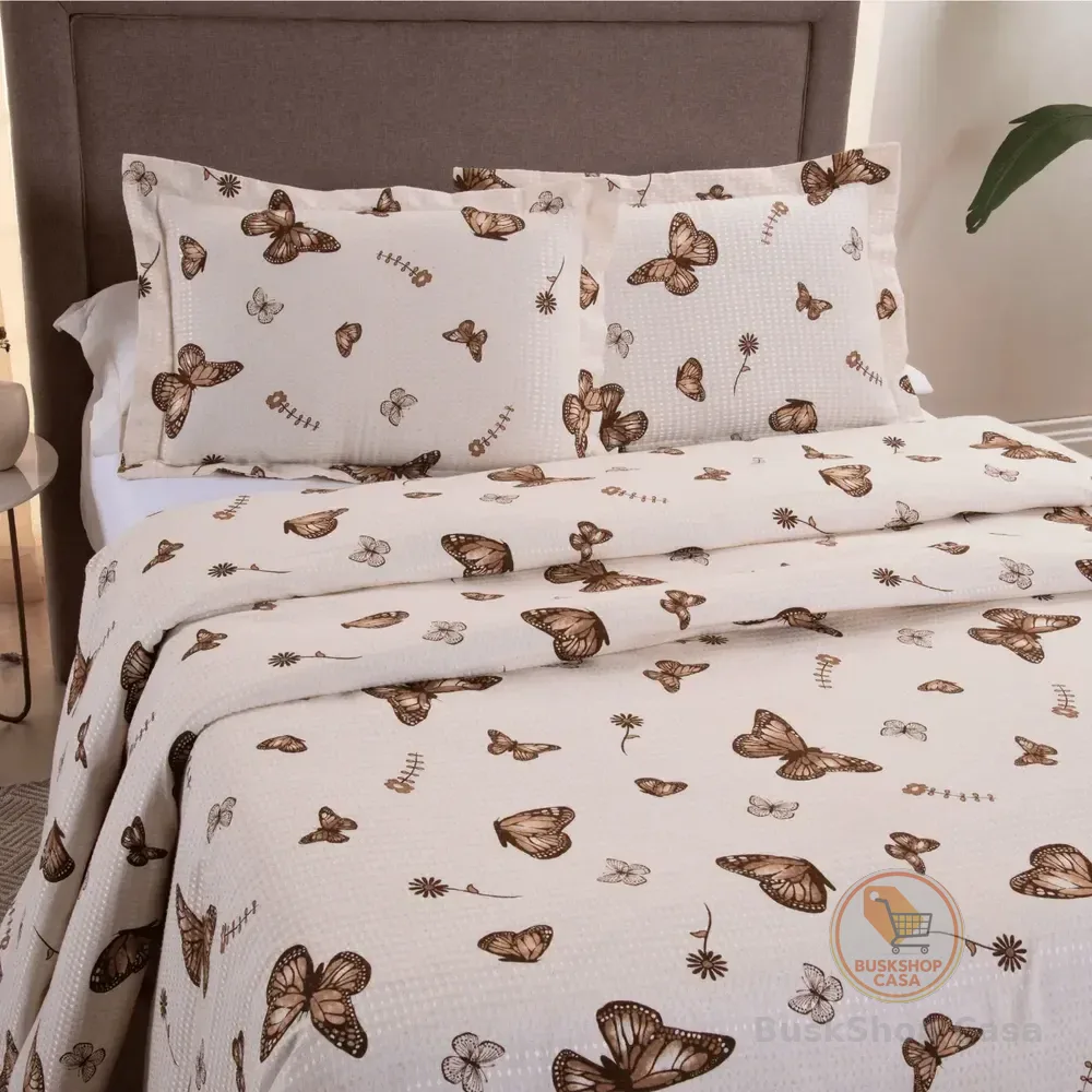 Colcha Cobre Leito Estampado Cama Queen Kit 3 Peças Firenze Borboleta Marrom Estampado