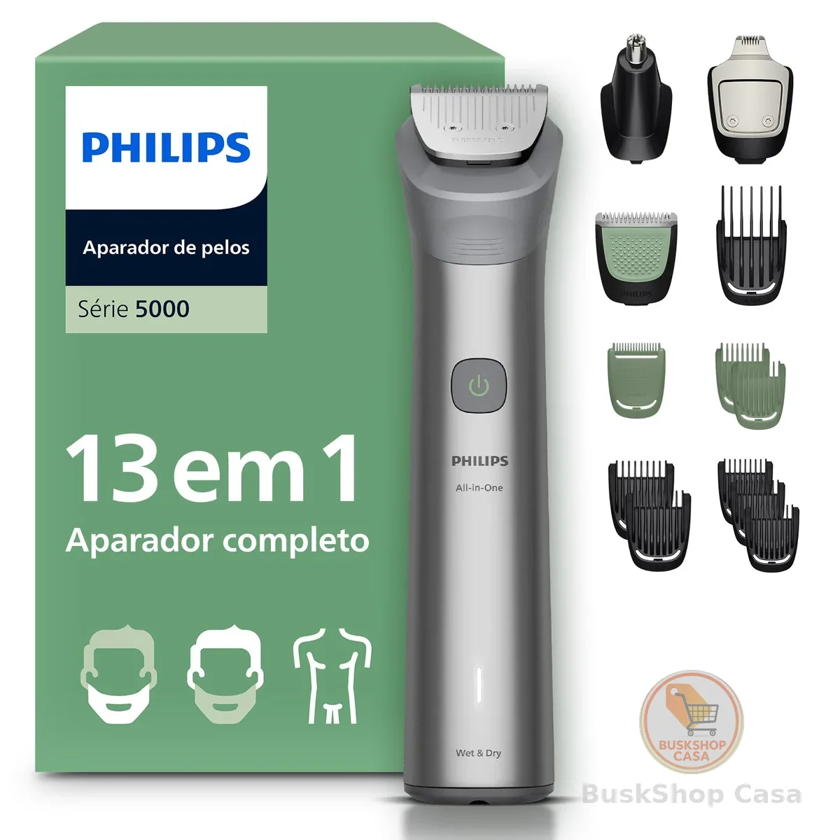 Aparador de Pelos Philips All-in-One 13 em 1 Série 5000 | Máquina para Rosto, Cabelo e Corpo | Barbeador Elétrico Multigroom à prova d'água | MG5942/15