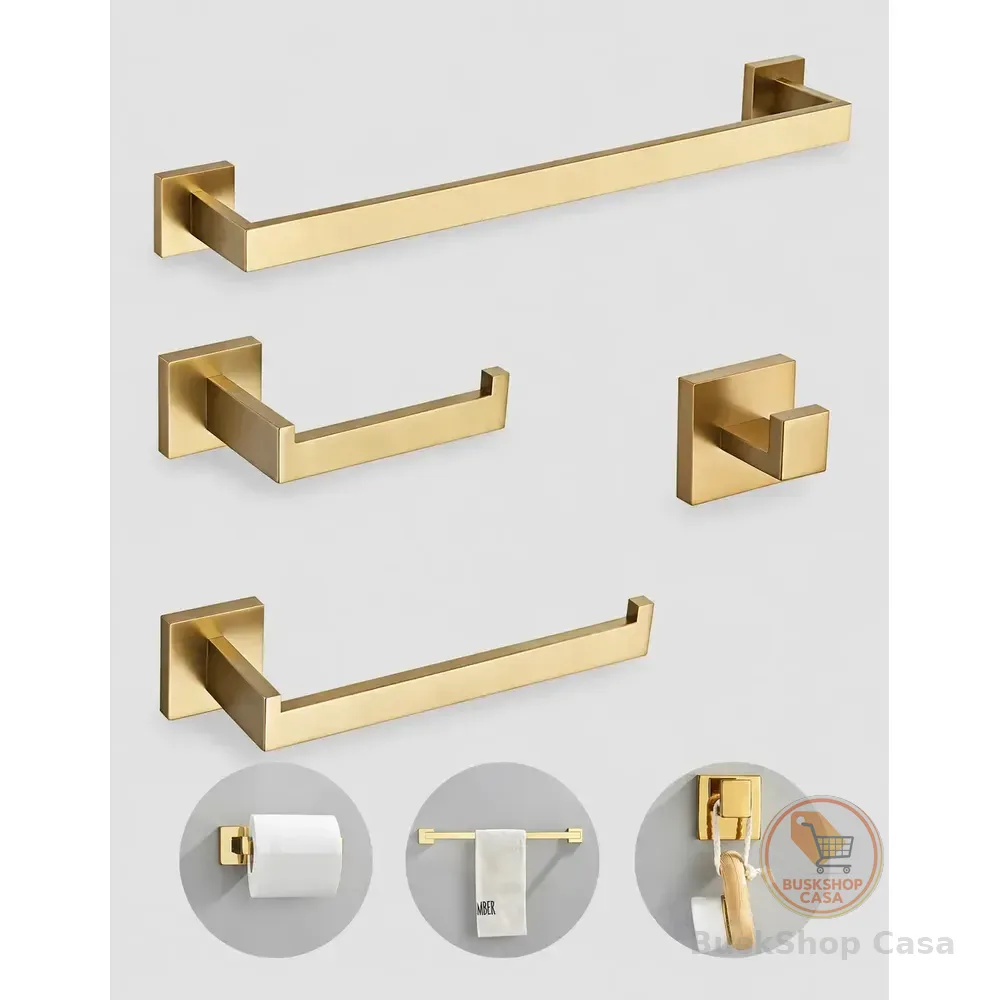 Kit Com 4 Acessórios Banheiro Dourado Elegante Aço Inox 304 Dourado