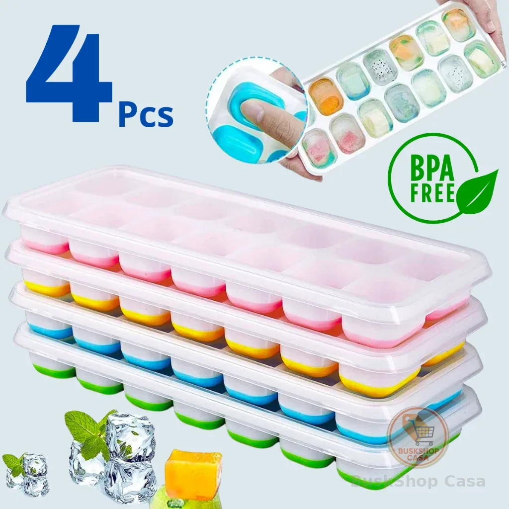 Kit 4/2 Formas de Gelo Silicone Com Tampa Rígida Flexível Fundo Retangular  Multiuso Lavável