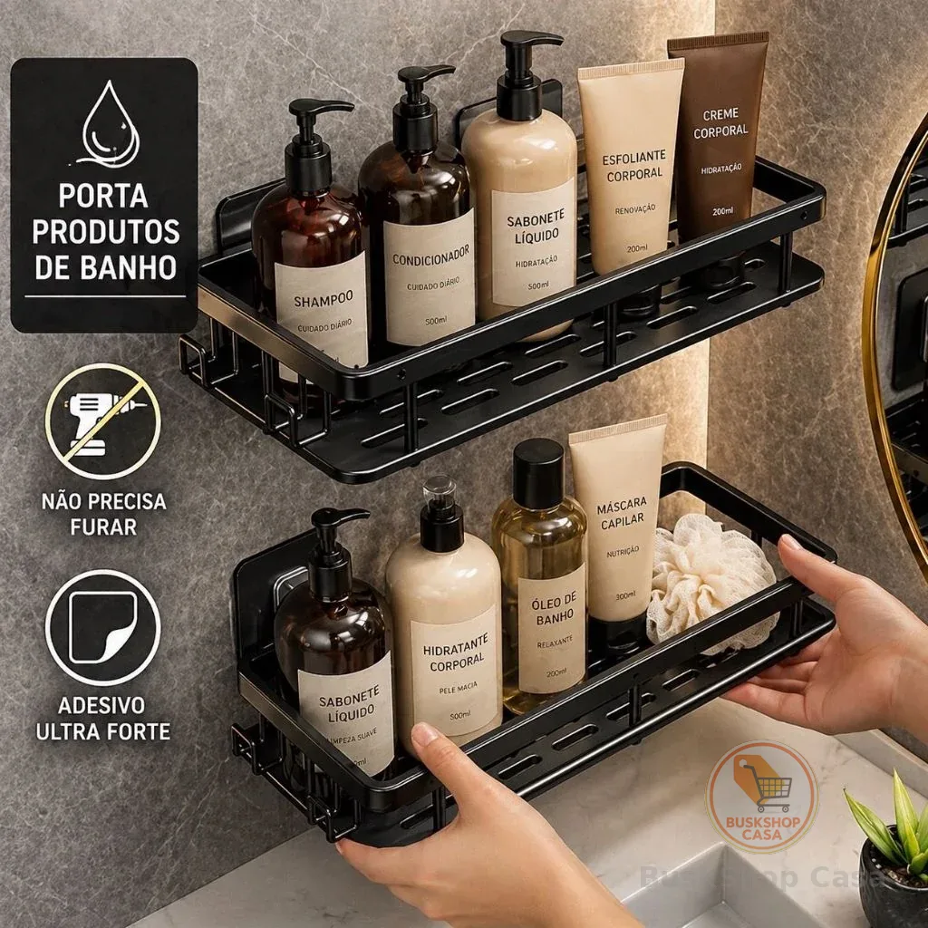 Suporte prateleira Shampoo Sabonete Banheiro Adesivo Parede Box Luxo Cor Preto