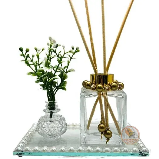 01 Frasco Difusor de Aromas Ametista 100ml Com Bandeja Decorada e Vaso Com Matinho
