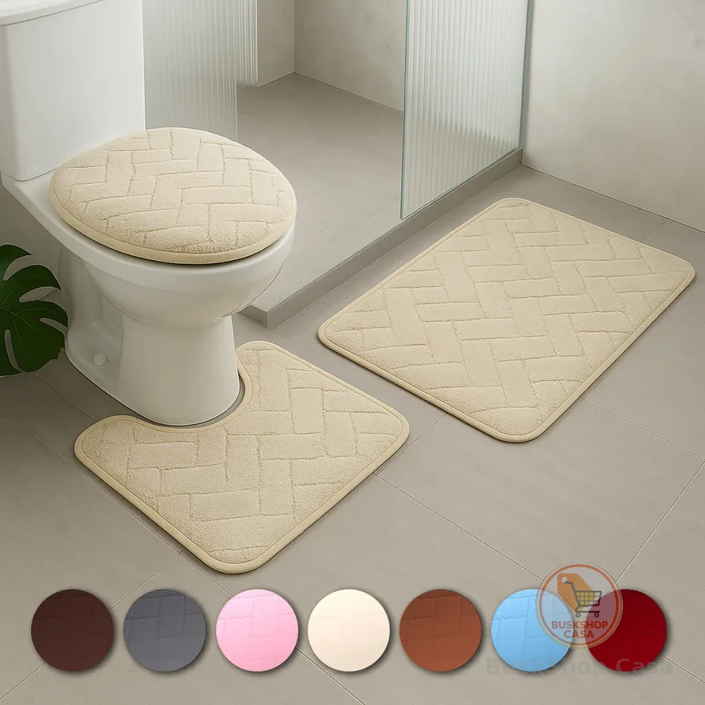 Kit Jogo 3 Peças Tapete Banheiro Premium Estampas Toque Macio Peluciado Antiderrapante Várias Cores