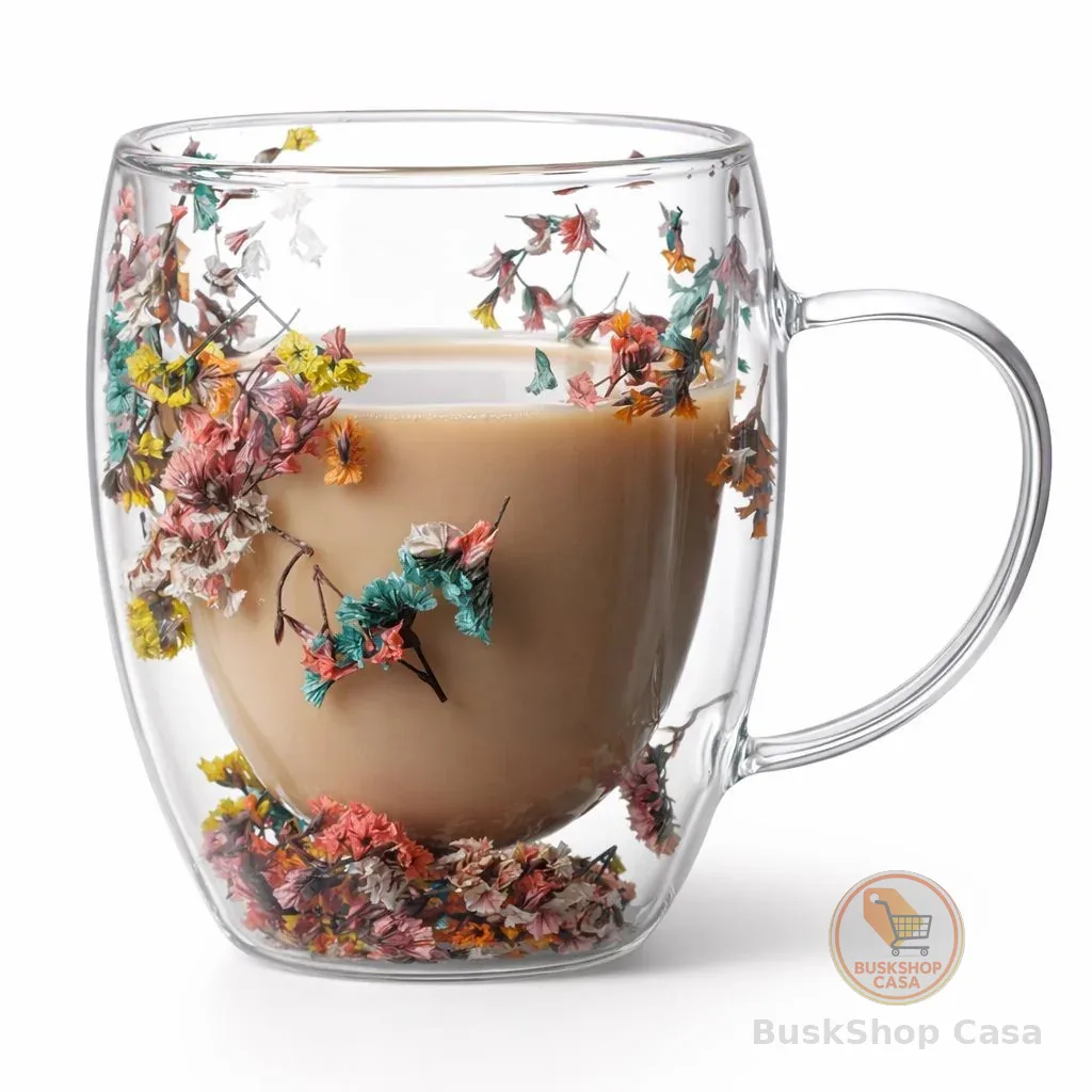 Vittak Caneca Parede Dupla de Vidro Florida 350ml para Bebidas Café Chá Expresso Xícara Isolada