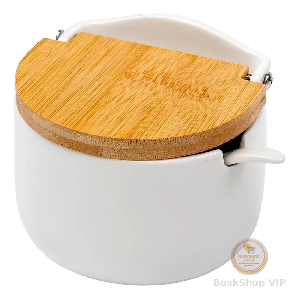 Saleiro De Mesa Em Cerâmica Tampa De Madeira Bianco Lyor