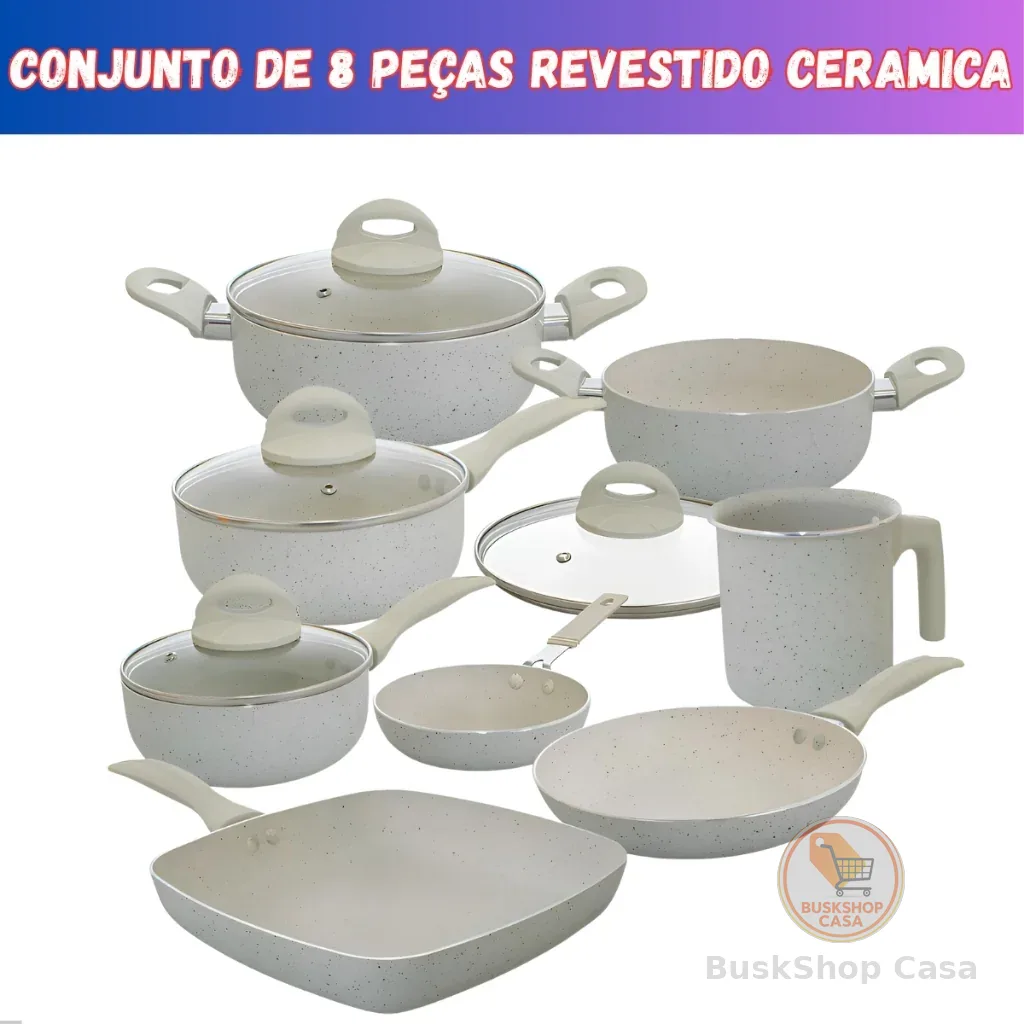 Jogo de Panelas 8 Peças Antiaderente Premium Revestimento Cerâmico Não Gruda Cozinha Completa