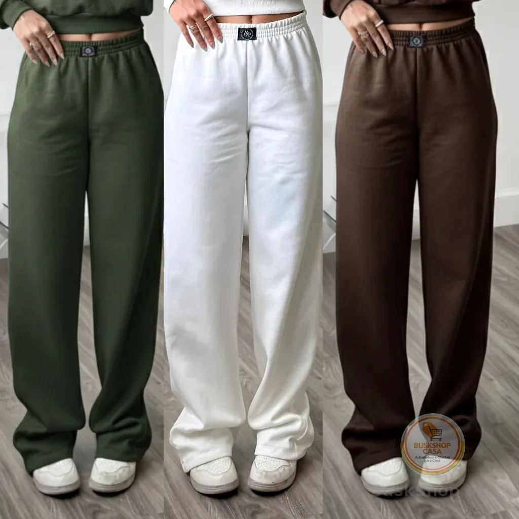 Calça Pantalona Feminina Cintura Alta no moletom confortável e estilosa Calça Wide Leg Moletom Feminina conjunto moletom