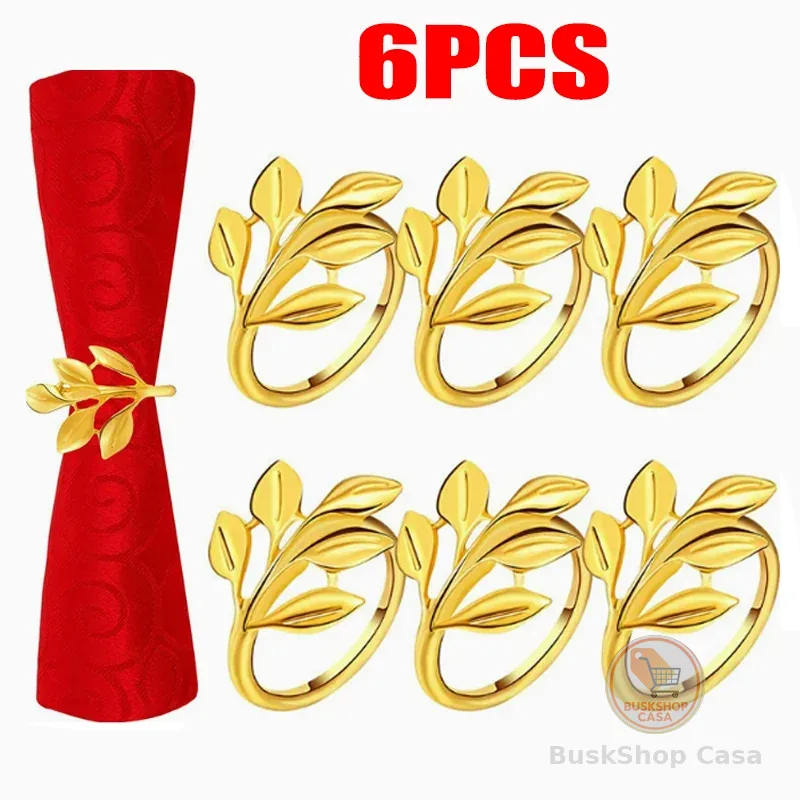 Kit 6 porta guardanapos - anéis de guardanapos de metal Folhas / ramos dourado