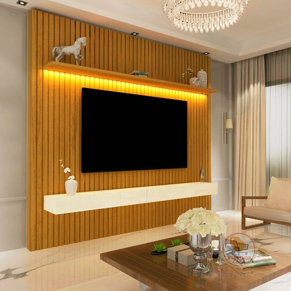 Rack com Painel Ripado para TV até 75 Polegadas com LED 100% MDF 184CMX250CM 2 Gavetas Nobre Marrom Naturale/Off White