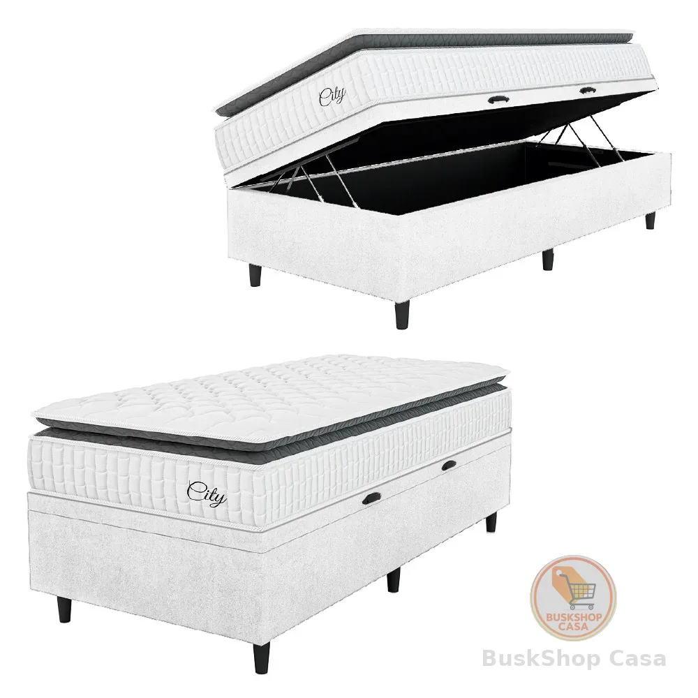 Cama Box Baú Colchão Solteiro Molas Ensacadas City Pillow Top 88x188x64cm Branco/Preto Hellen
