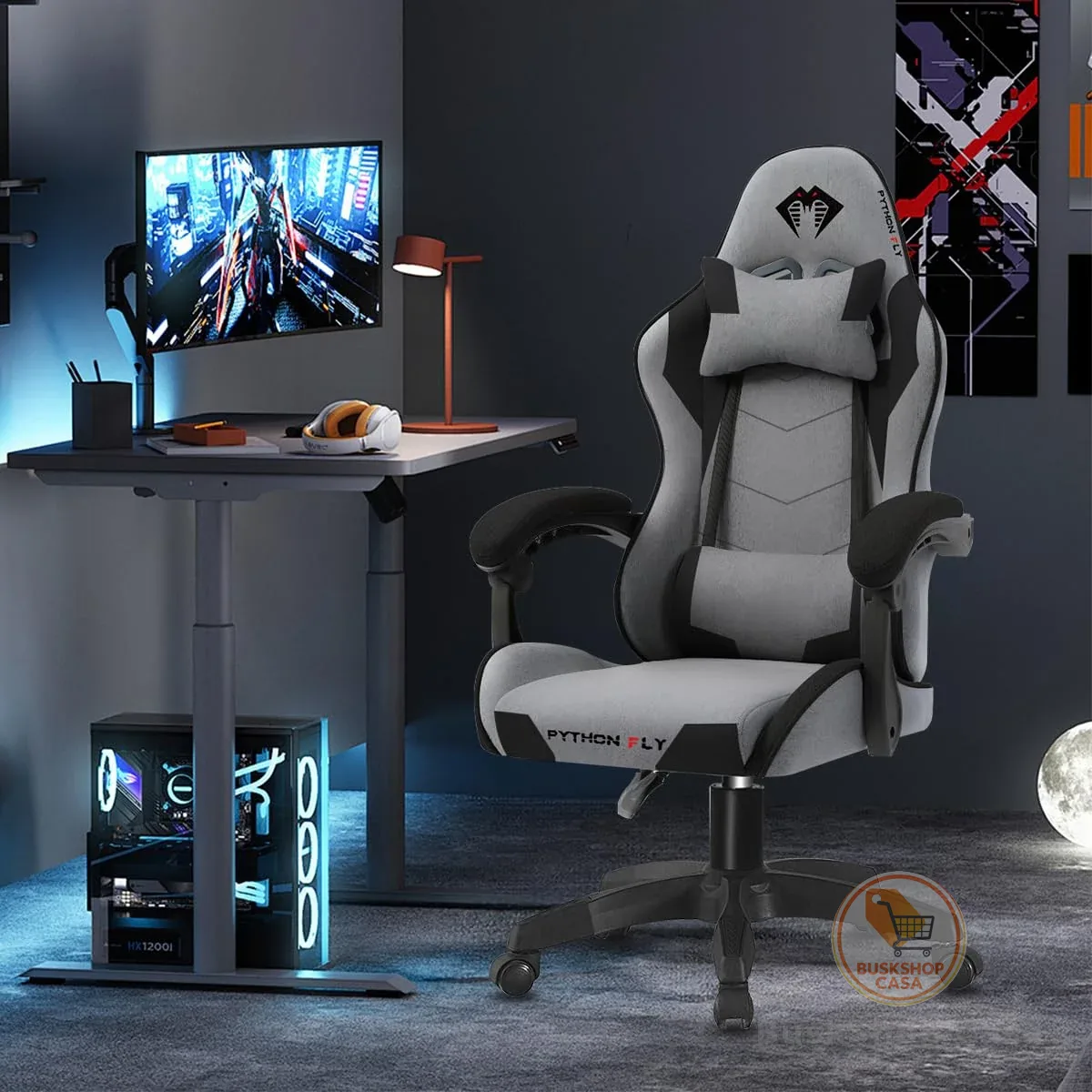 Cadeira Gamer Python Fly em tecido, respirável e ecológica, ângulo ajustável (Cinza Escuro)