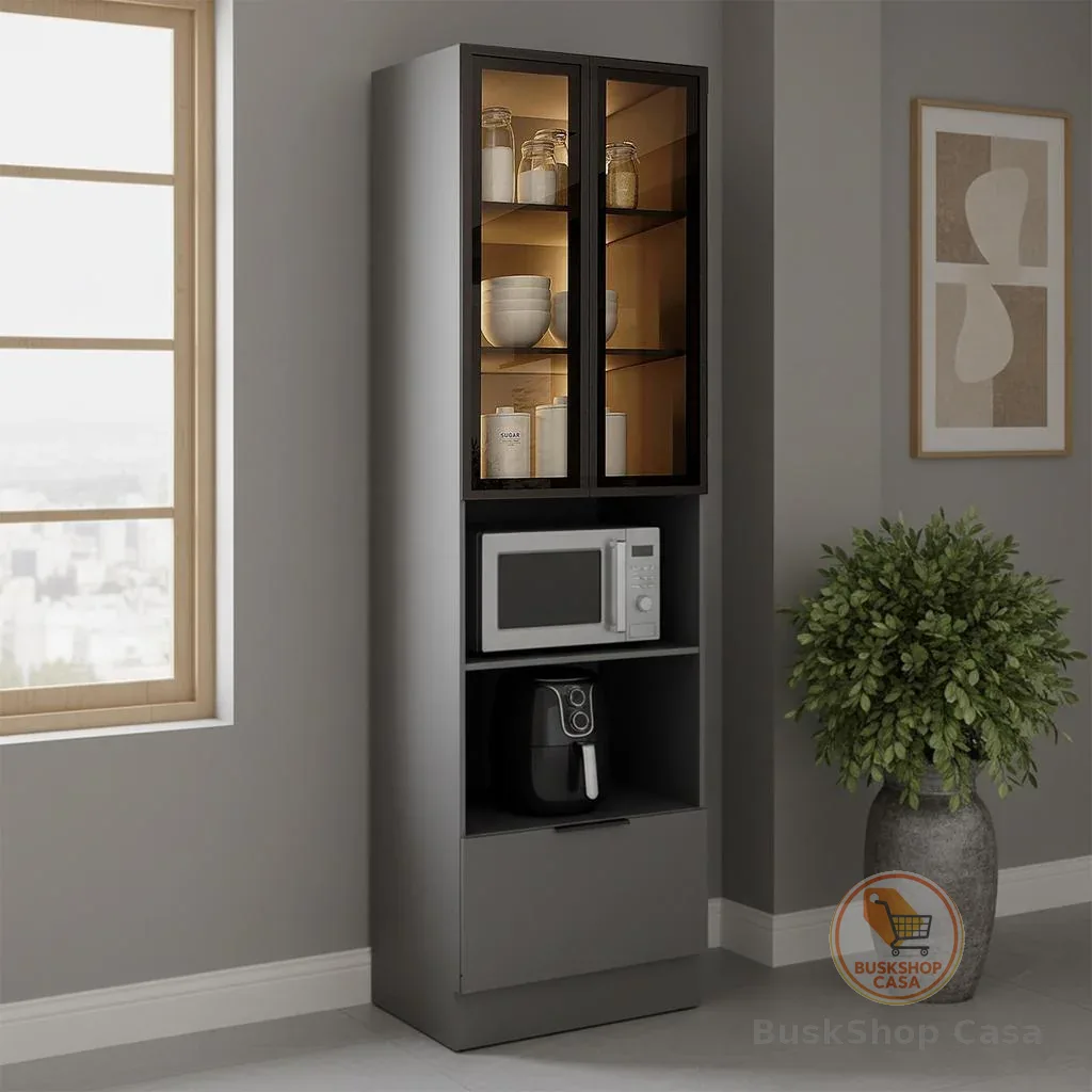 Paneleiro Cozinha Lumina 700mm c/ Iluminação c/ Rodapé p/ Micro e Forno 2 Portas c/ Vidro 1 Gaveta Cinza/Cinza