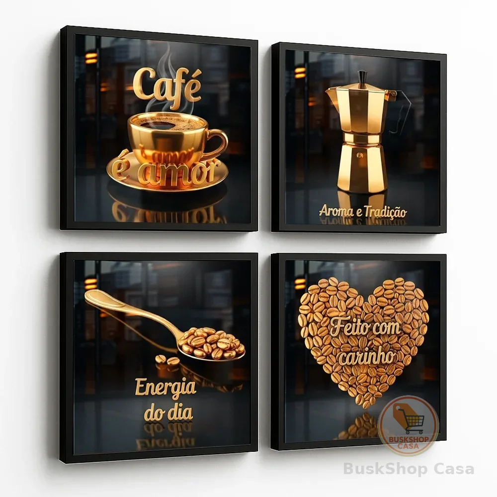 Kit Quadros Decorativos 4 peças Cantinho do Café Preto e Dourado Moderno 20x20 Energia